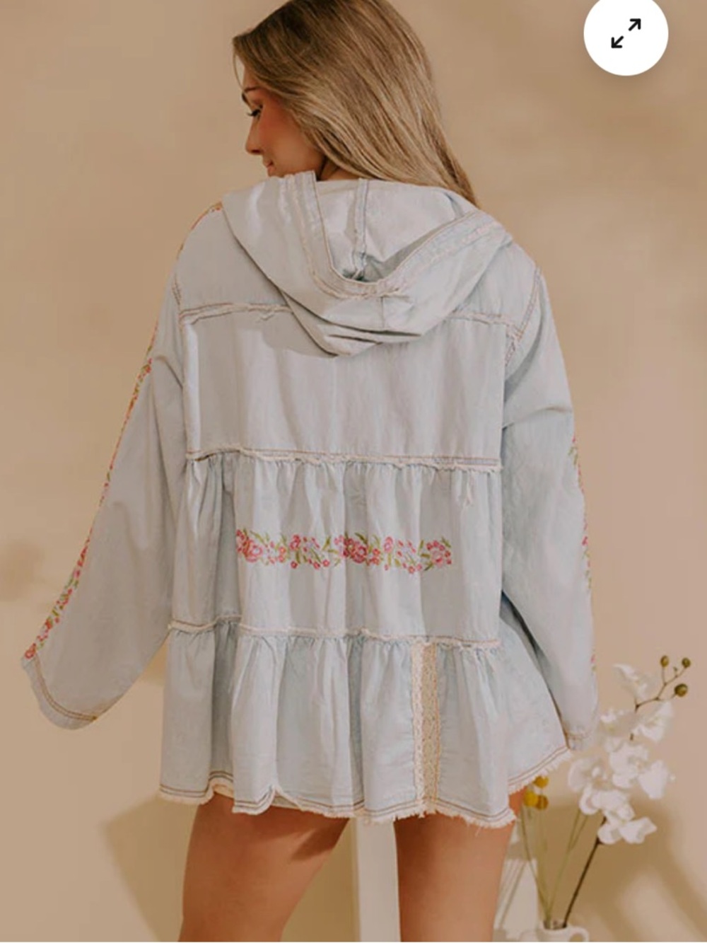 POL Embroidered Chambray Top with Hoodie Cottagecore Boho Cotton Small - Picture 2 of 12